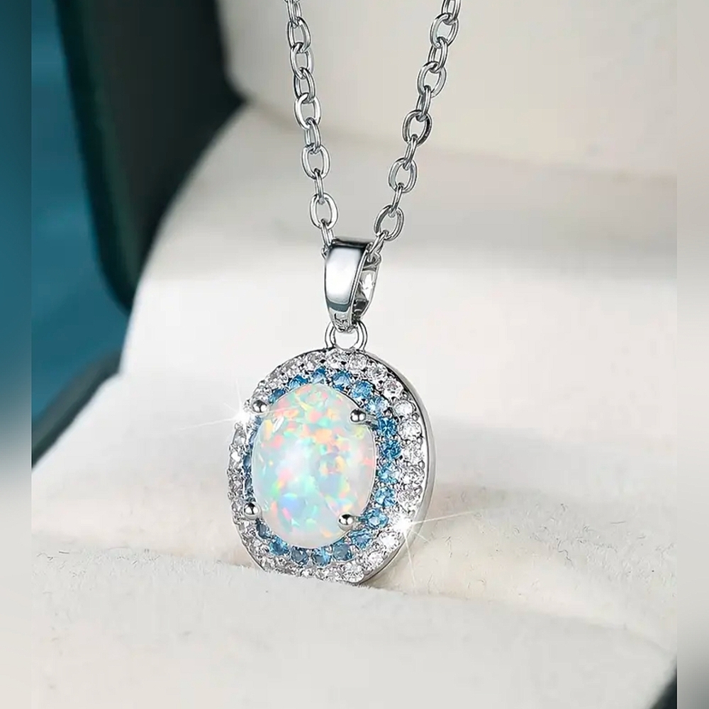 Oval Opal-esque, Topaz Blue & Clear CZ Necklace